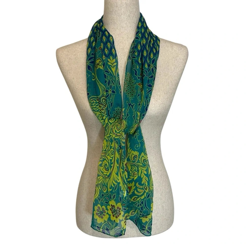 Liang Dian Silk Blend Rectangular Teal & Gold Peacock Scarf - 20” x 59”